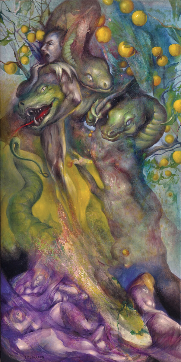 Hercule et les pommes d’or, technique mixte sur toile, 146 x 73 cm, © Jaime Olivares