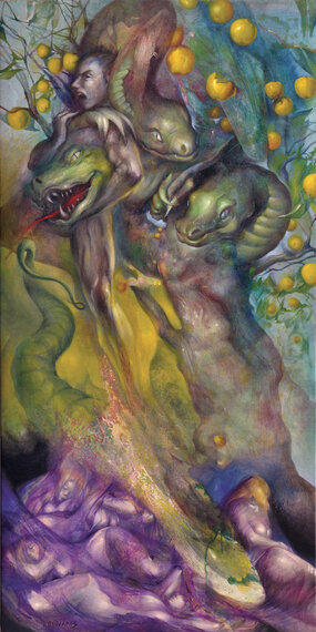 Hercule et les pommes d’or, technique mixte sur toile, 146 x 73 cm, © Jaime Olivares Hercule et les pommes d’or, technique mixte sur toile, 146 x 73 cm, © Jaime Olivares